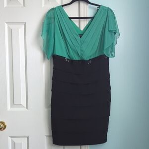 Enfocus Studio Aqua-Green V-Neck Flutter Sleeve Layered Sheath Dress